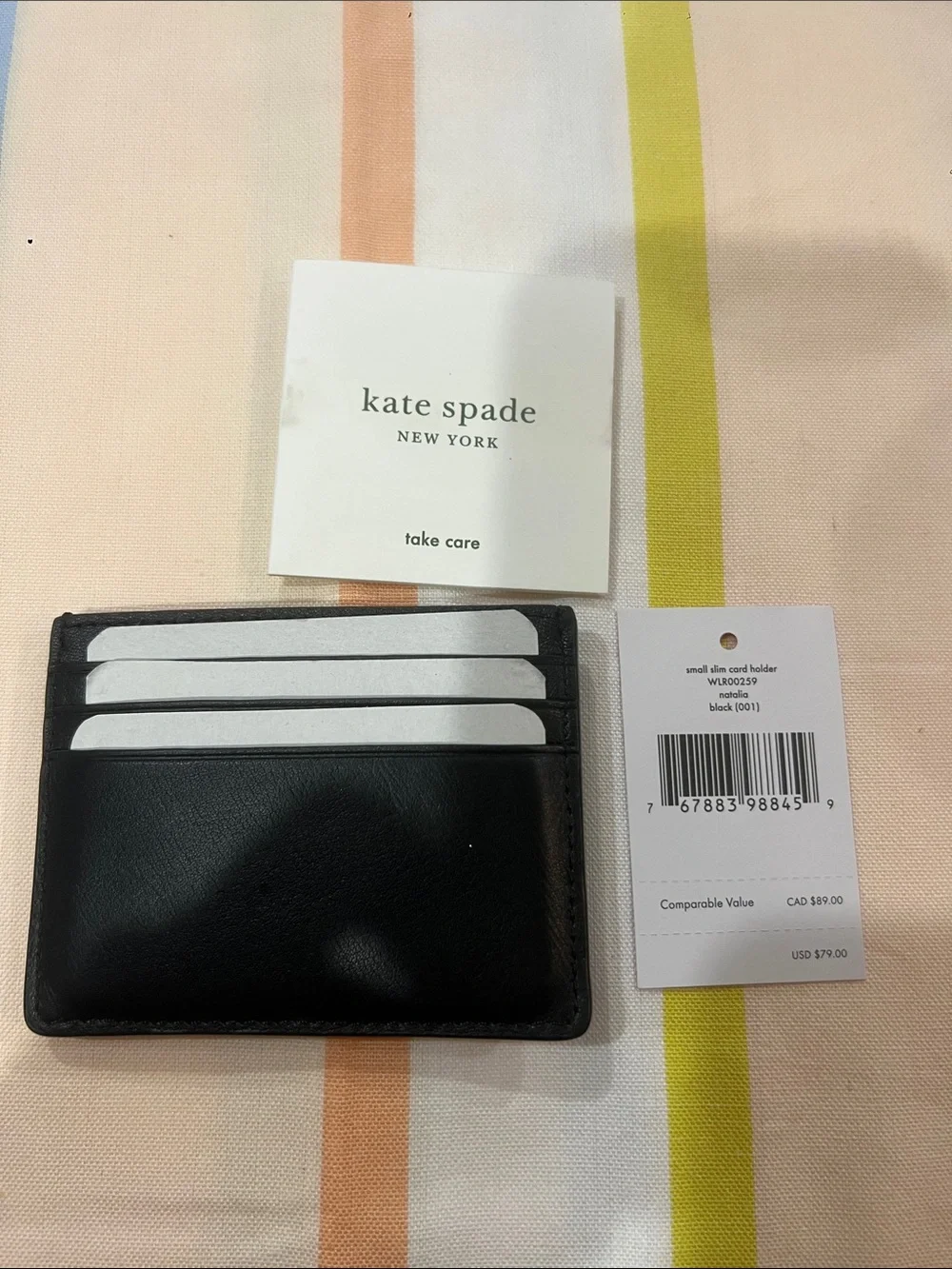 kate spade Black Quilted Leather Slim Card Holder with Gold Logo